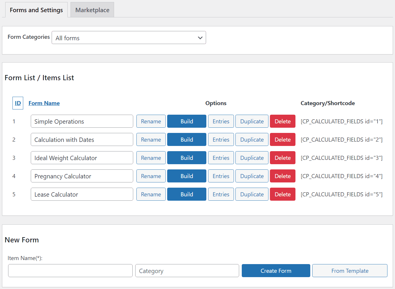 Calculated Forms List